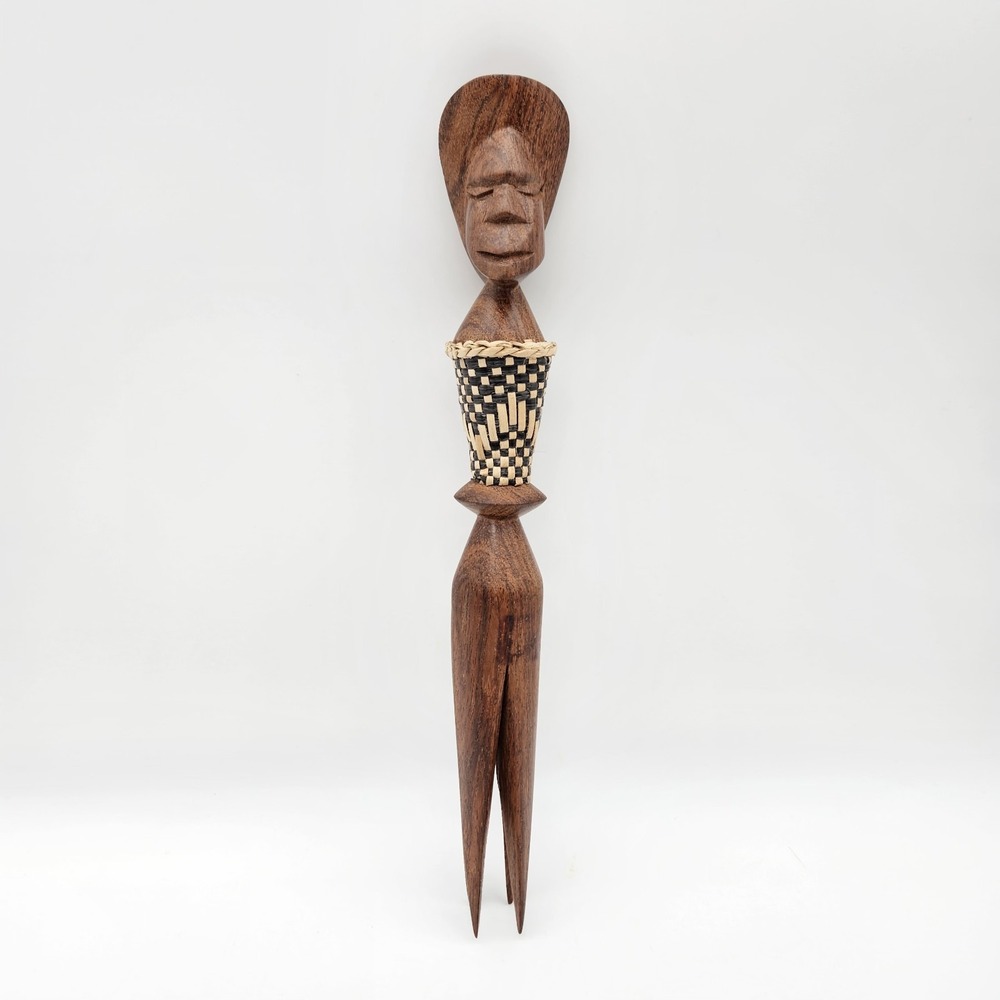 Vintage Pacific Fiji Woven Polynesian Wooden Chief Cannibal Fork - Carved 10.5"
